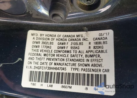 2017 Honda Civic Ex-T from USA, damaged, VIN 2HGFC1F39HH647045